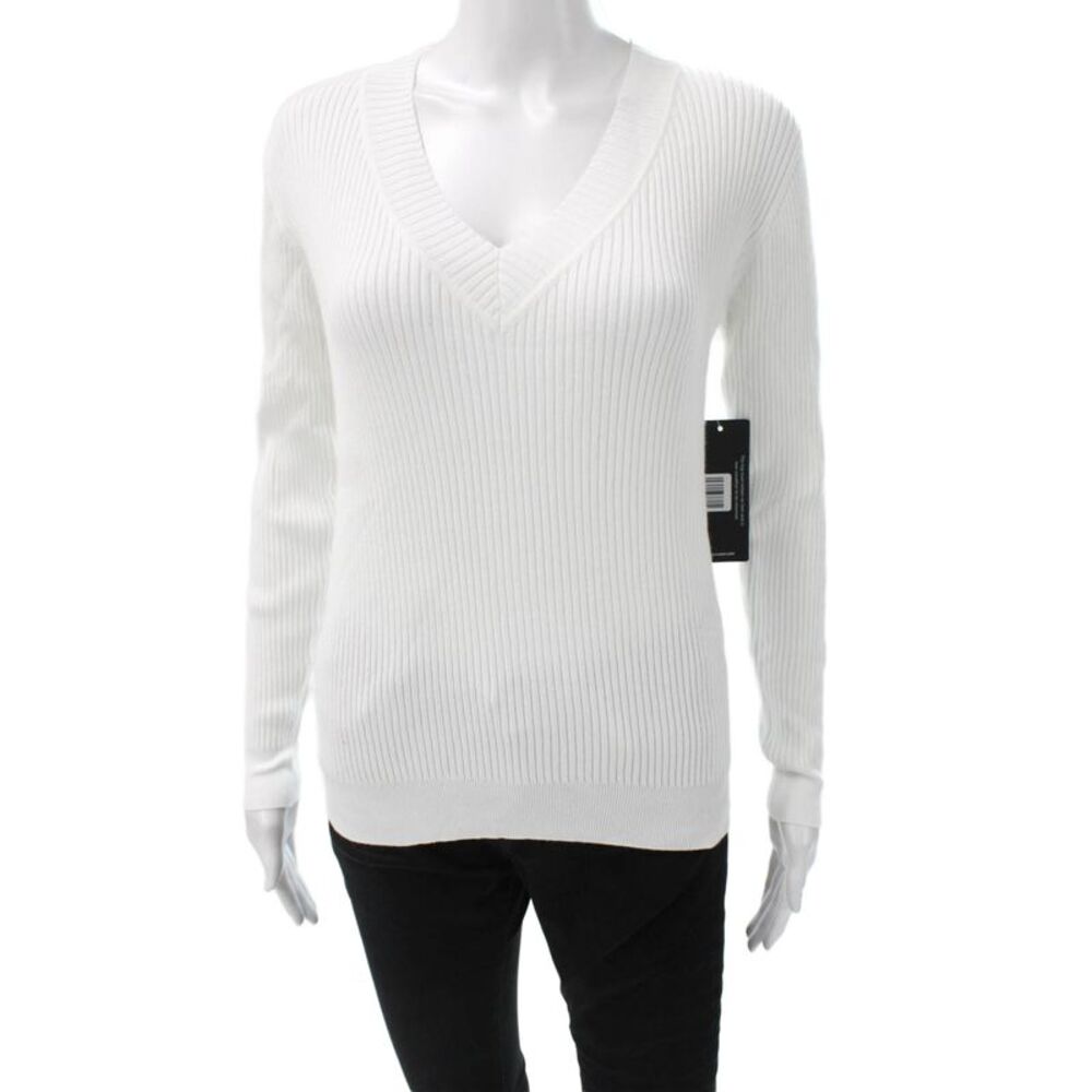 Korye Women V-Neck Long Sleeve White Pullover Size S